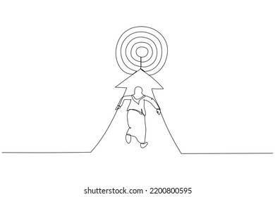 Drawing of muslim businesswoman running to the target. Metaphor for reaching the target. Single continuous line art style
