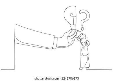 Drawing of muslim businesswoman stand with question mark sign then helping hand put half of lightbulb lamp . Business problem. Single line art style