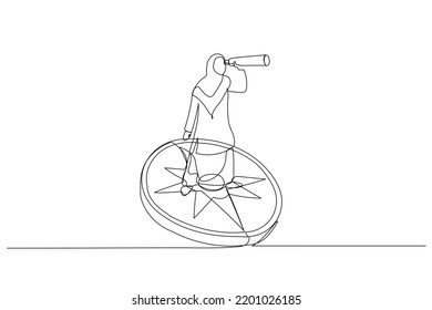 Drawing of muslim businesswoman standing on compass showing direction. Symbol of strategy, future vision. Single line art style
