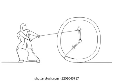 Drawing of muslim businesswoman trying to slow down and stop time. Stopping time metaphor. Single line art style
