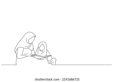 Drawing of muslim mother teach her daughter reading koran inside the mosque. One line art
