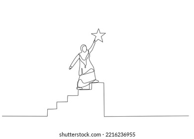 Dibujo de una mujer musulmana sube la escalera hasta la cima para llegar a obtener una preciosa recompensa de estrella. Concepto de logro. Estilo de arte de una línea