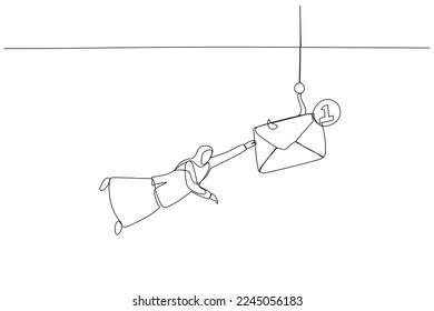 Drawing of muslim woman diving underwater try to catch scam email concept of pishing and crime. Continuous line art