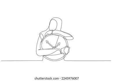 Drawing of muslim woman embrace clock feel sleepy and tired. One continuous line art style