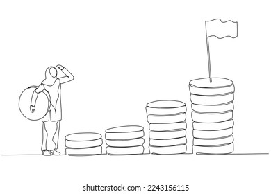 Drawing of muslim woman enterpreneur carrying money coin start step on compound money stack start invest. Single continuous line art style