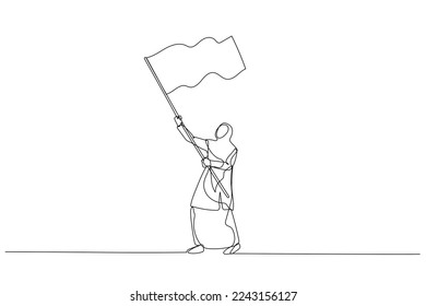 Drawing of muslim woman enterpreneur with flag. Continuous line art style