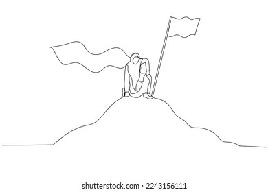 Drawing of muslim woman enterpreneur with hero cape on mountain. Single continuous line art style