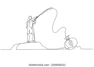 Drawing of muslim woman fishing with big money bag as bait. Continuous line art
