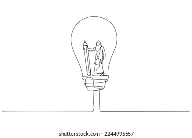 Drawing of muslim woman holding pencil think inside idea on lightbulb concept of creative imagination solution invention. One line art style