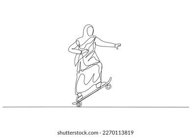 Drawing of muslim woman stand and moving with skateboard. metaphor for business style. One continuous line art style