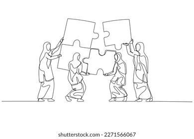 Drawing of muslim woman with team bringing puzzle together. Concept of teamwork. Single line art style