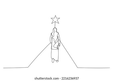 Drawing of muslim woman walks on the boundless road to the bright star. One continuous line art style

