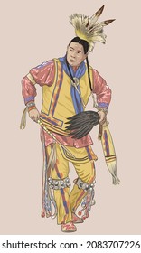 Drawing National Native Pow Wow Dance, Original American Dance, Art.illustration, Vector