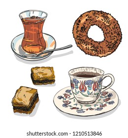 Drawing national turkish tea and coffee with simit and baklava. Hand drawn traditional turkey bavarages and bagels.