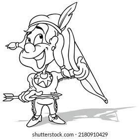 Drawing of a Native American Holding a Bow and Arrow - Cartoon Illustration Isolated on White Background, Vector