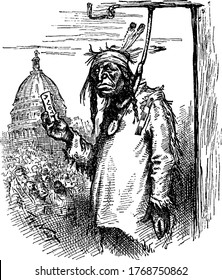 Drawing of Native American showing A vote and rope is tied around Native American neck to hang him from tree, vintage line drawing or engraving illustration.