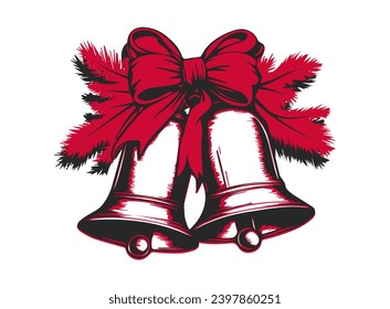 Drawing nativity bells on Christmas tree branch with bow. Isolated design element on white background. Template for greeting card, poster, cover, banner. Vector illustration.  