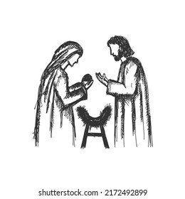 A drawing of a nativity scene. Joseph and Mary with little Jesus in a stable, a cave.