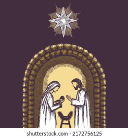 A drawing of a nativity scene. Joseph and Mary with little Jesus in a stable, a cave.