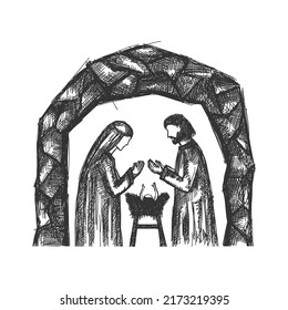 A drawing of a nativity scene. Joseph and Mary with little Jesus in a stable, a cave.