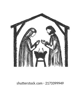 A drawing of a nativity scene. Joseph and Mary with little Jesus in a stable, a cave.