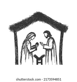 A drawing of a nativity scene. Joseph and Mary with little Jesus in a stable, a cave.