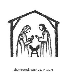 A drawing of a nativity scene. Joseph and Mary with little Jesus in a stable, a cave.