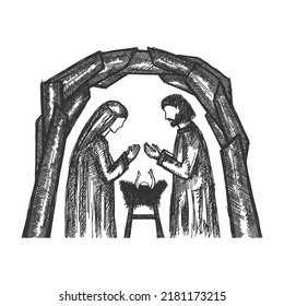A drawing of a nativity scene. Joseph and Mary with little Jesus in a stable, a cave.