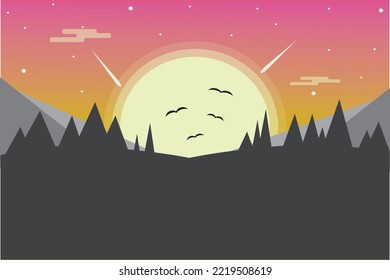 drawing nature consisting of sun , trees and mountains