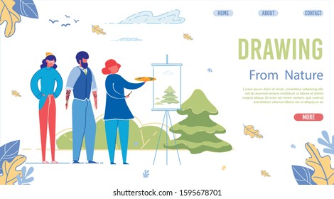 Drawing from Nature Landing Page Vector Template. Art School Website Page Concept with Cartoon Characters. Training Course Web Banner Layout. Teacher Artist Painting Fir Tree Flat Illustration