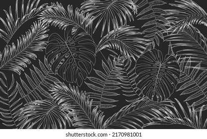 drawing nature leaf rainforest on black background, antique background retro style,vector illustration