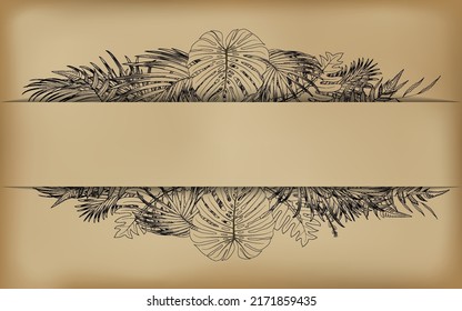 dibujo de la hoja de naturaleza selva sobre fondo vintage del marco, estilo retro de textura antiguo,ilustración vectorial