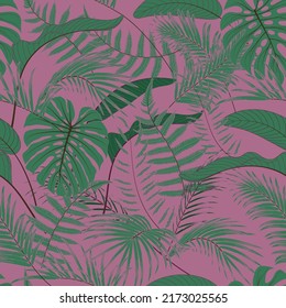 drawing nature leaf rainforest seamless pattern on pink background, antique background retro style,vector illustration