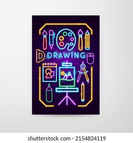 Drawing Neon Flyer. Vector Illustration of Art Promotion.