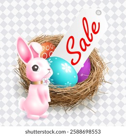 Drawing with nest, Easter eggs and cute pink bunny, design element