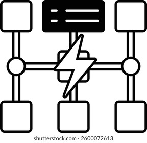 A drawing of a network of wires with a lightning bolt in the middle