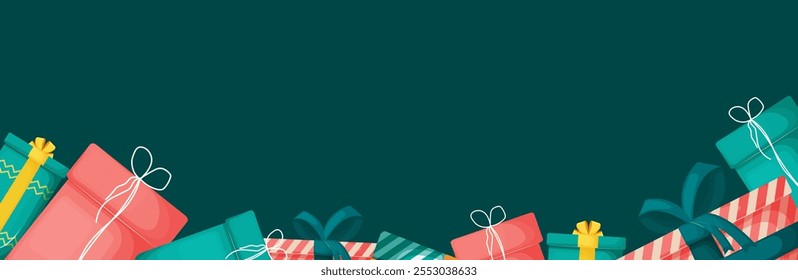 A drawing of a New Year's frame below made of beautifully wrapped gifts in gift wrapping, tied with different ribbons and tied with a bow, in vector style. Suitable for posts, advertising, design.