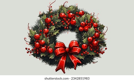 Drawing of a New Year's wreath Christmas decorations on a white background vector