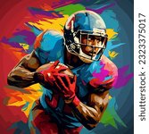 Drawing of an NFL player with a ball and a helmet on a colored background. For your design