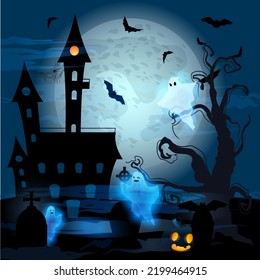 drawing night eve of all saints day, halloween, image with castle, funny ghosts, tombstones and pumpkins
