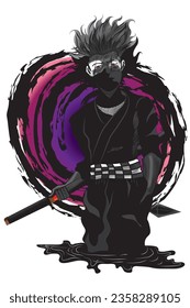 Drawing of a ninja assassin holding a sword.