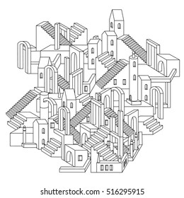 drawing of a non-existent unreal city maze with houses, walls and stairs, design in puzzle style.Vector zen art illustration. abstract ornament. Sketch for tattoo, poster or adult coloring pages
