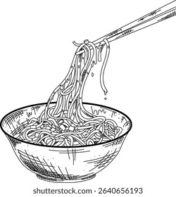 Drawing of noodle in bowl. Eating noodle with chopsticks. Hand sketch ramen with chopsticks. 