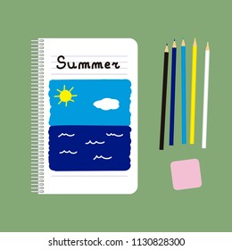 Drawing in a notebook representing a sea scene in summer, with the colored pencils used for the drawing and an eraser on the side.