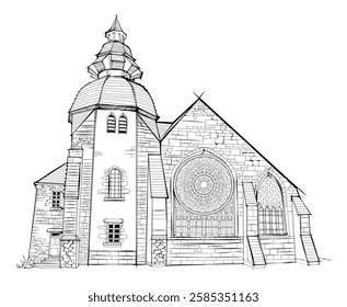 Drawing of Notre-Dame-des-Carmes Church in Pont-l'Abbe. Sketch of ancient gothic cathedral. Black and white page for kids coloring book. French medieval architecture. Hand drawn vector illustration.