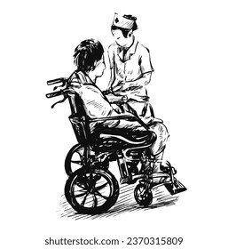 Drawing of a nurse look after the old woman sit on the wheelchair 