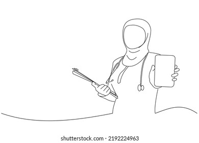 Drawing Of Nurse Wearing Hijab In Work Dress Showing Mobile Phone. One Line Art
