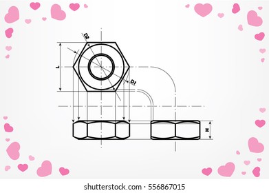 drawing nut three projection icon vector EPS 10, abstract sign screw-nut flat design,  illustration modern isolated badge for website or app - stock info graphics.