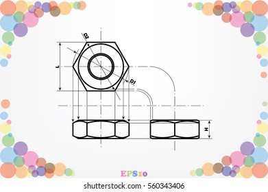 drawing nut three projection icon vector EPS 10, abstract sign screw-nut flat design,  illustration modern isolated badge for website or app - stock info graphics 
