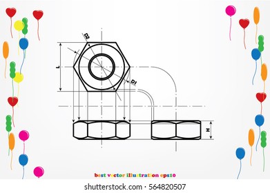drawing nut three projection icon vector EPS 10, abstract sign screw-nut flat design,  illustration modern isolated badge for website or app - stock info graphics.
